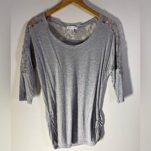 Ambiance Apparel Gray 3/4 Sleeve Shirt with Partial Lace back